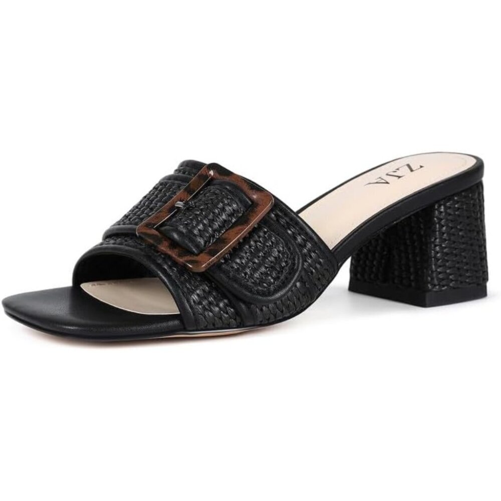 Women's Black Square Open Toe Heeled Dress Chunky Mules Block Heels Shoes